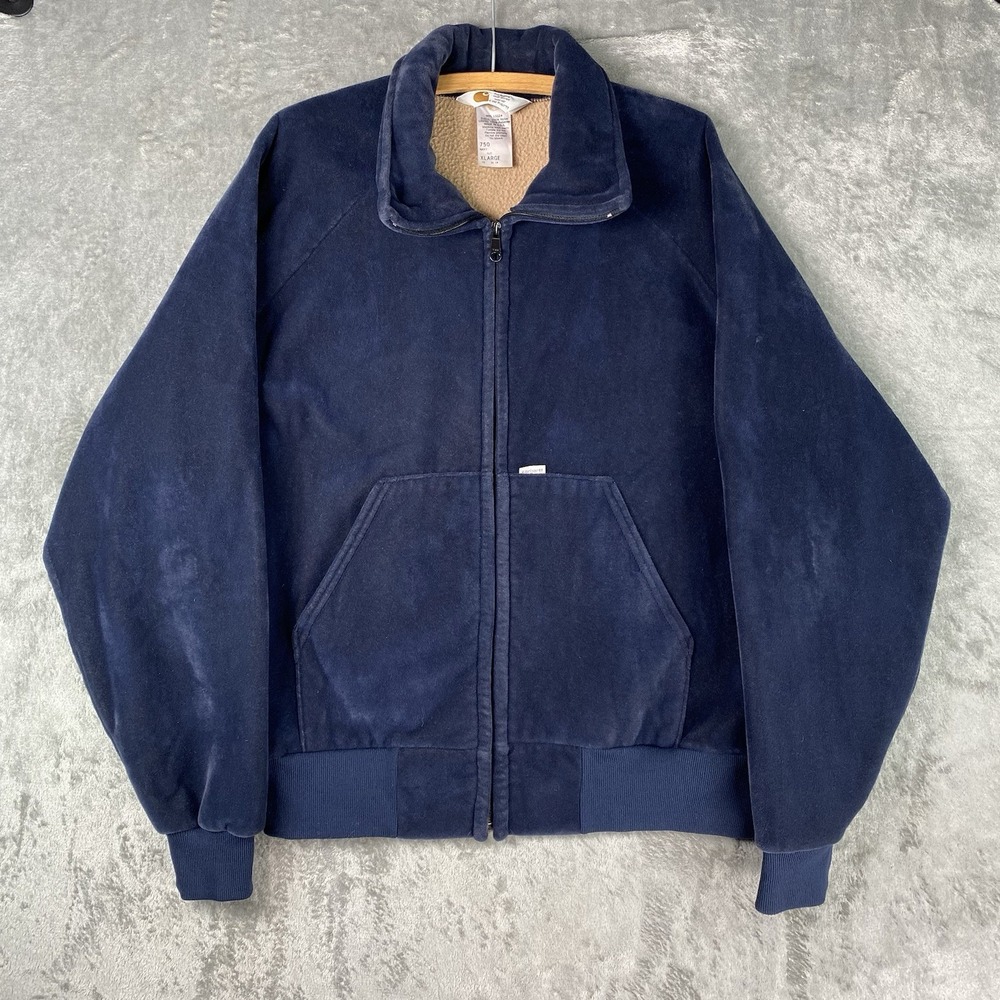 Vintage Carhartt Jacket Mens XL Blue Velour Velvet Bomber 750 Lined Full Zip USA
